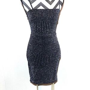 TRIXXI Bodycon Spaghetti Straps Black Silver Lurex Mini Dress